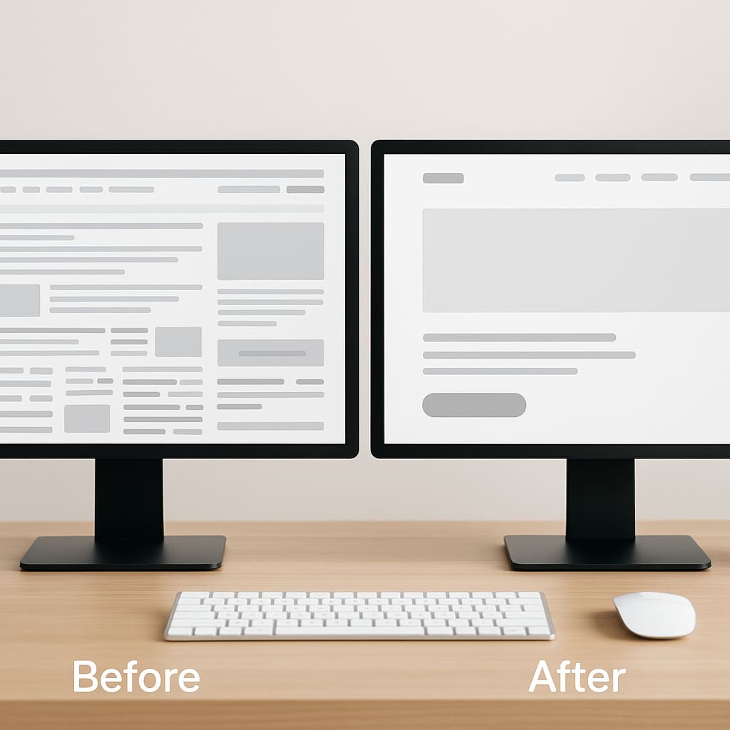 Website-Redesign Vorher-Nachher auf zwei Monitoren